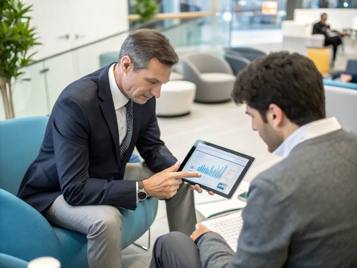A consultant advising a blockchain startup team in a modern office, emphasizing CryptoQuant's role in guiding strategic and technological advancements.