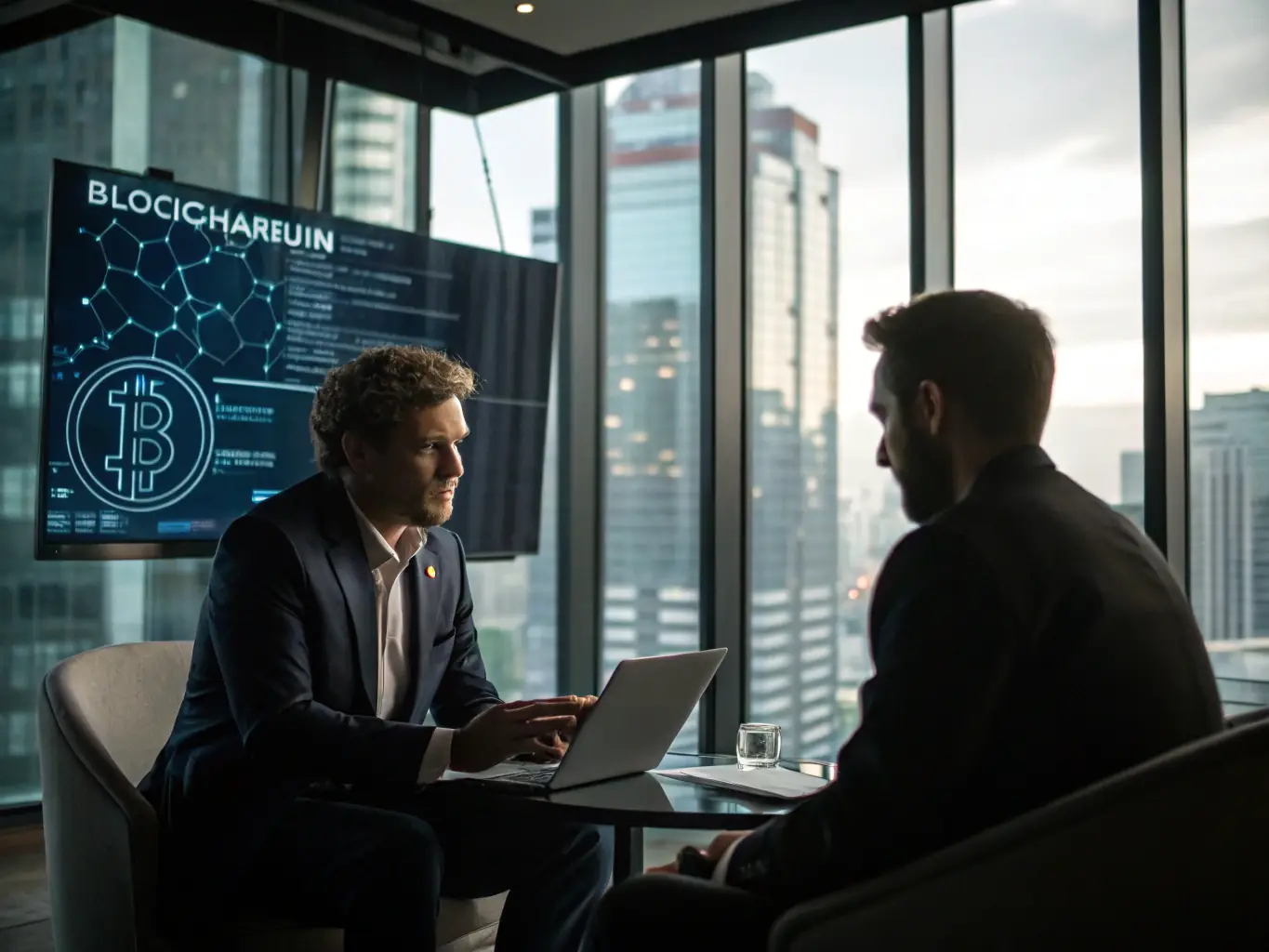 A consultant discussing strategies with a client over a digital tablet, with blockchain graphics in the background, representing CryptoQuant's Crypto Consulting service.