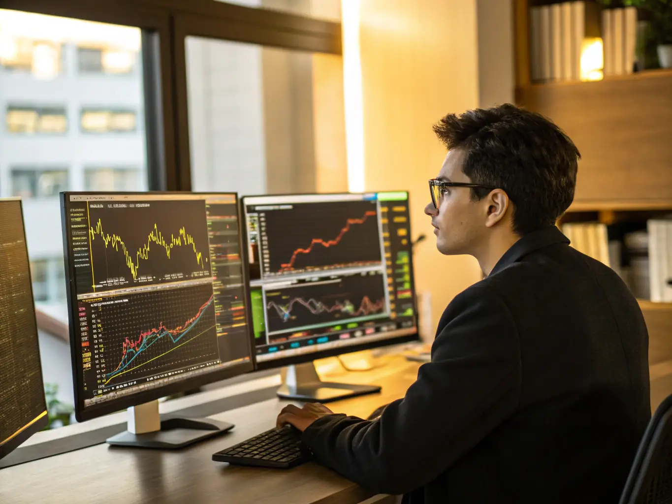 A professional investor analyzing real-time crypto market data on a multi-screen workstation, showcasing the depth of CryptoQuant's analytics capabilities.